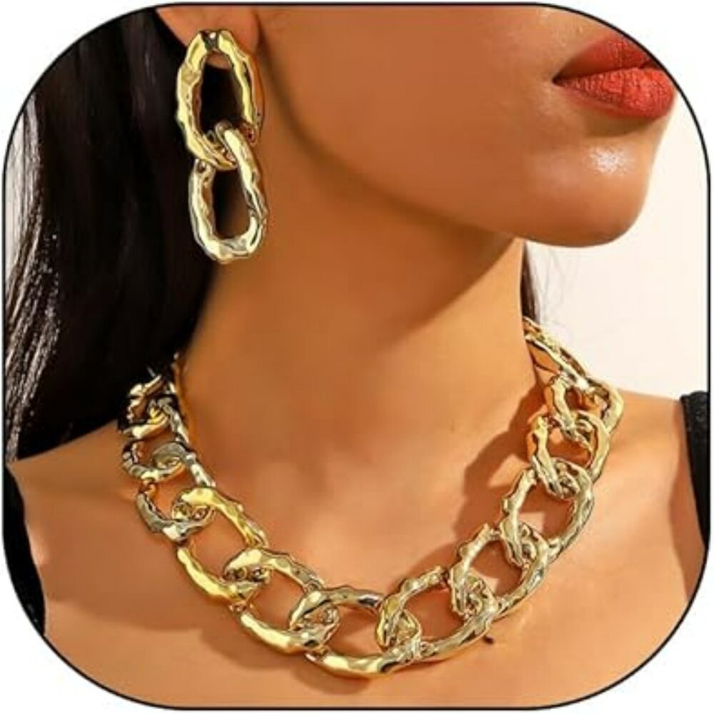 3 pc‎ Chunky Chain Necklace Earrings Set Punk Short Thick Wide Cuban Link Choker